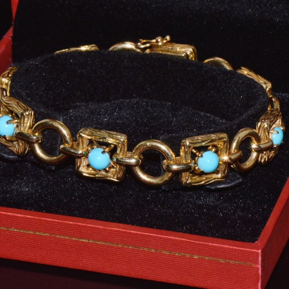 VINTAGE MID-CENTURY SOLID 18K GOLD & NATURAL PERSIAN TURQUOISE BRACELET - Picture 9 of 13